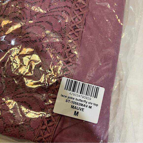 Amaryllis Womens Mauve Mock Neck Lace Yoke Butterfly Sleeve Blouse Top Size M - Picture 7 of 14